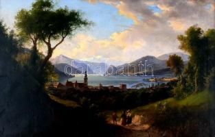 XIX. század eleje. Jelzés nélkül: A Wörthi tó panorámája alakokkal. Olaj, vászon, régi restaurálás nyomával. Kissé sérült keretben. 46x68 cm / 19th century: View of the Wörthersee Oil on canvas, not signed, with signs of old restauration. In frame. 48x68 cm