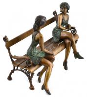 Kutas László (1936-): Terefere, Lányok padon. Patinázott bronz. jelzett, sorszámozott 4/30. h:42 cm,...