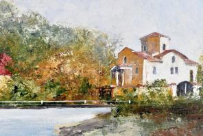 Andrásy Róbert (?-?): Vízparti táj. Olaj, vászon, faroston. Dekoratív fa keretben. 69x89 cm