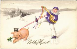 1929 Boldog Újévet! / New Year greeting card, ice skating clown with pig, clover, winter sport. Special B 7285. (EK)