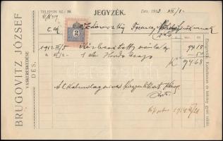1913 Dés, Brugovitz József dési (Erdély) vaskereskedő okmánybélyeggel ellátott számlája, hátoldalán ...