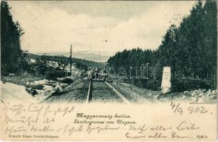 1902 Csaca, Cadca; Magyarország határa, vasúti sín hajtánnyal / Hungarian border, railway, hand car