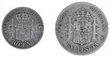 Spanyolország 1892PG-M 1P Ag "XIII. Alfonz" + 1893PG-M 50c Ag "XIII. Alfonz" T:2...