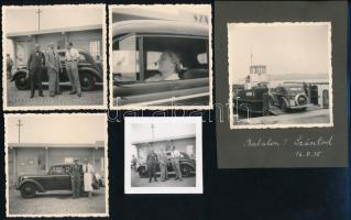 1938 A balatonszántódi komp, pénztár épületével, autófelhajtással, 5 db fotó, feliratozva, 6,5×6,5 és 9×8,5 cm