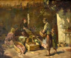 Gebhardt István (?-?), működött a XX. században: Vásár. Olaj, vászon. Historizáló stílusú fa keretbe...