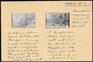 1944 2 db fotó az április 3-i Budát ért bombatámadásról a Himfy utcai Zilahy-villa megsemmisülése és Margit zárda előtti bombakráter részletes leírásával, kartonra ragasztva, 2,5×3,5 cm