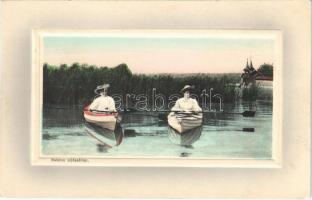 Balaton, nádas, hölgyek evezős csónakokkal. Mérei Ignác kiadása (EK)