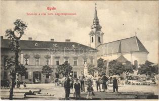 1910 Gyula, Erkel tér, Római katolikus templom, M. kir. posta, piaci árusok. Szedő E. kiadása