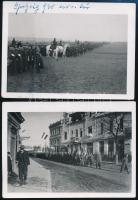 1938 Magyar csapatok gyülekezése novemberben a felvidéki Ipolyság előtt és átvonulás a városon, 2 db feliratozott fotó, jó állapotban, 6,5×9 cm