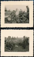 1941 Magyar katonák szalonnasütés és melegedés közben novemberben, 2 db hátoldalon feliratozott fotó, 5,5×7 cm