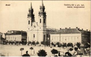 Arad, Thököly tér, görögkeleti román templom, piac / square, market, Greek Orthodox Romanian church