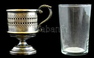 Alpakka pohártartó, üveg betéttel, kopásnyomokkal, m: 14 cm