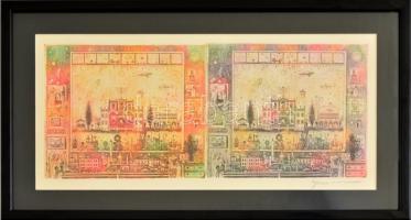 Gross Arnold (1929-2015): A város. Nyomat, paszpartuban, üvegezett keretben, jelzett 19x39 cm