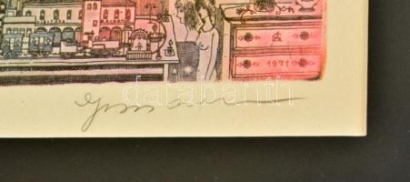 Gross Arnold (1929-2015): A város. Nyomat, paszpartuban, üvegezett keretben, jelzett 19x39 cm