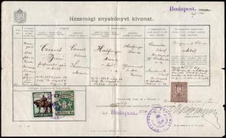 1921-1927 Házasság-levél, és házassági anyakönyvi kivonat, 1 K, és 80 F, valamint Budapest Székesfőv...