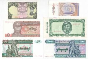 Burma / Mianmar 1958-1994. 6db-os bankjegy tétel T:I-II tűlyuk Burma / Myanmar 1958-1994. 6pcs of banknotes C:UNC-XF needle hole