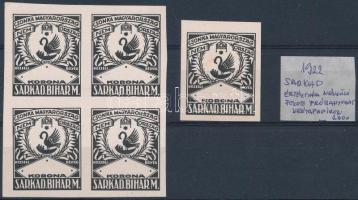 1922 Sarkad okirati illetékbélyeg értékszám nélküli próbanyomat négyestömb + 1 db bélyeg, krétapapíron