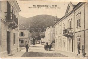 Trencsénteplic, Trencianske Teplice; Háromszív-ház / Drei Herzen Haus / street view (képeslapfüzetből / from postcard booklet) (fl)