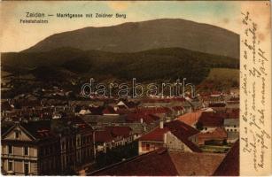 Feketehalom, Zeiden, Codlea; Marktgasse, Zeidner Berg / Piac utca, hegy / street, mountain (EB)