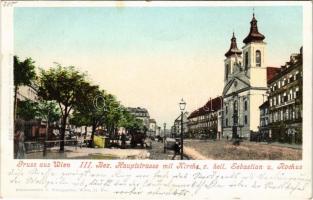 Wien, Vienna, Bécs III. Bez. Hauptstrasse mit Kirche z. heil. Sebastian u. Rochus / main street, church