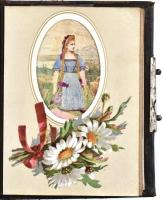 1884 Régi fém veretekkel díszített bőrkötéses fotóalbum, 38 db keményhátú fotóval, illusztrált oldalakkal, színezett képekkel, csatja hiányzik, 14×10 cm