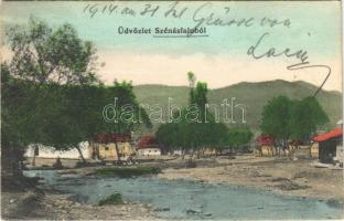 1914 Szénásfalu, Bzenica; látkép, utca. Szobor József kiadása / general view, street + "P.NÁNA - G.BERZENCZE 88. SZ. B" vasúti mozgóposta bélyegző (EB)