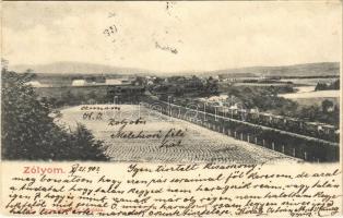 1902 Zólyom, Zvolen; vasútvonal, gőzmozdony, vonat. Özv. Löwy Sámuelné kiadása / railway line, locomotive, train (fl)