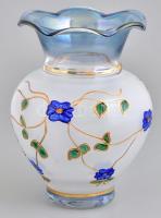 Virágmintás üveg váza, kézzel festett, kopásnyomokkal, m: 18 cm