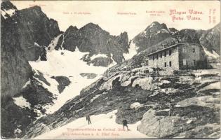 Tátra, Magas-Tátra, Vysoké Tatry; Téry-Schutzhhaus a.d. Fünf Seen / Téryho chata, Pät Spisskych plies / Téry menedékház az Öt-tónál. Franz Pietschmann No. 2097. / chalet, lake, mountains, winter