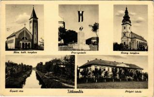 1942 Tótkomlós, Római katolikus templom, Országzászló, Evangélikus templom, Érparti rész, Polgári iskola. Gyömrei kiadása