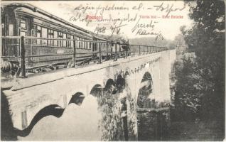 1908 Pozsony, Pressburg, Bratislava; Vörös híd, gőzmozdony, vonat / Rote Brücke / railway bridge, locomotive, train (EK)