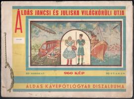 cca 1920-1930 Áldás Jancsi és Juliska világkörüli útja. Áldás Kávépótlógyár Díszalbuma. Gyűjtői album 25 db képpel. Nem teljes. Bp., én.,Nádor-ny., 12 p. Haránt alakú fűzött papírkötés, a borítón kis szakadásokkal.