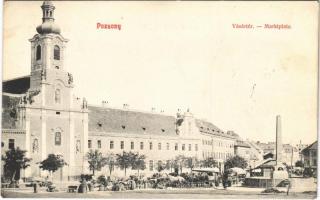1908 Pozsony, Pressburg, Bratislava; Vásártér, piaci árusok, templom / Marktplatz / market vendors, church, street view (EK)