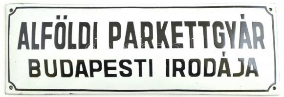 Alföldi Parkettgyár Budapesti Irodája zománcozott fém tábla,  jó állapotban, 15×45 cm