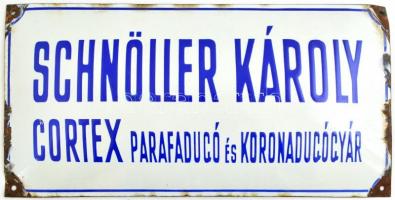 Schnöller Károly Cortex Parafadugó és Koronadugógyár zománctábla, sérülésekkel, 20×40 cm