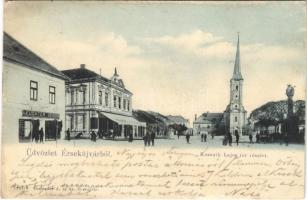 1907 Érsekújvár, Nové Zámky; Kossuth Lajos tér, templom, Leuchter Izidor üzlete. Conlegner J. és fia kiadása / square, street view, church, shops (EK)