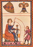 Burggraf von Rietenburg, középkori kódexlap modern másolata, offszet, fa keretben, papír faroston, kijáró keretben, kopott, 34x24 cm