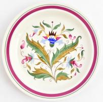 Hollóházi virágmintás falra akasztható porcelán tányér, kézzel festett, jelzett, hibátlan, d: 24,5 cm
