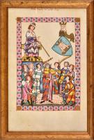 Meister Heinrich Frauenlob, középkori kódexlap (Codex Manesse) modern másolata, offszet, fa keretben, papír faroston, kijáró keretben, kopott, 34x24 cm