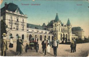 1912 Temesvár, Timisoara; Józsefváros, indóház, vasútállomás. Montázs automobillal / Iosefin railway station. Montage with automobile (kopott sarkak / worn corners)