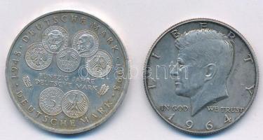 Vegyes: Németország 1998F 10M Ag "50 éves a Márka" + Amerikai Egyesült Államok 1964D 1/2$ Ag "Kennedy" T:1-,2 patina Mixed: Germany 1998F 10 Mark Ag "50th anniversary of the Mark" + USA 1964D 1/2 Dollar Ag "Kennedy" C:AU,XF patina