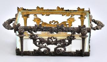 Díszes réz tároló fülekkel, üveg betéttel 15x8x8 cm