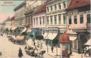 1909 Kolozsvár, Cluj; Mátyás király téri részlet, Iparbank, mozgófényképszínház (mozi), Reisinger József, Püspöky Miklós üzlete. Lehota Anna kiadása / square, street view, shops, bank, cinema (szakadás / tear)