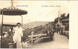 Kolozsvár, Cluj; Erzsébet sétány, hölgy távcsővel / promenade, lady with telescope (fl)