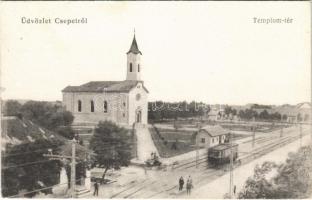 1916 Budapest XXI. Csepel, Templom tér, Római katolikus templom, villamos. Marx Jenő kiadása (EK)