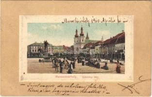 1910 Marosvásárhely, Targu Mures; Széchenyi tér, piac, Dudutz, Izmáel Márton üzlete / square, market, shops
