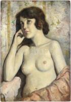 Józsa Károly (1872-1929): Merengő női akt. Olaj, karton, jelzett. Hátoldalán kiállítási vagy árverési címkével 1921-ből. Sarkaiban és szélén apró sérülésekkel. 69,5×49,5 cm