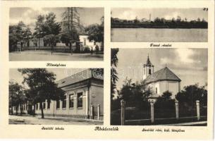 Abádszalók, községháza, Tisza, Szalóki iskola és római katolikus templom. Dévai István kiadása