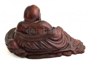 Nevető buddha madárral, faragott fa szobor, repedésekkel, 17,5x9,5x10,5 cm