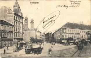1905 Budapest V. Károly körút, Dohány utcai zsinagóga, villamosok, Dreher Antal sörfőzdéjének városi főraktára, Schlinger Ferenc első budapesti szűcs és szőrme áru raktára, sörcsarnok, Szikla D. fogorvos, Frank és Steiner, Kohn Mór és fiai és Spieler M. üzlete, Vörös Bak vendéglő